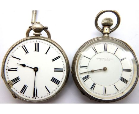 Two silver pocket watches and a chain. P&amp;P Group 1 (£14+VAT for the first lot and £1+VAT for subsequent lots) 