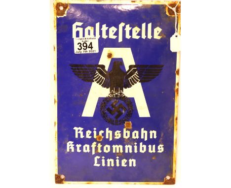 WWII period German Enamel Tram Stop Sign, 20 x 30 cm. P&amp;P Group 2 (£18+VAT for the first lot and £3+VAT for subsequent lo