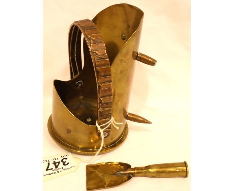 WWI Trench art coal scuttle and shovel made from discarded shell cases. P&amp;P Group 2 (£18+VAT for the first lot and £3+VAT