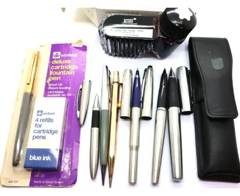 A collection of pens including a Parker 45 and further writing equipment including boxed Mont Blanc. P&amp;P Group 2 (£18+VAT