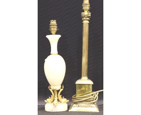 A 20th Century brass columnar table-lamp base, H: 47 cm and an alabaster lamp base with brass mounts. Not available for in-ho