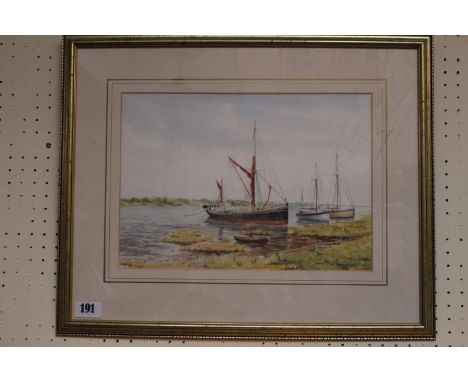 K Kernahan framed watercolour of boat in a Estuary 