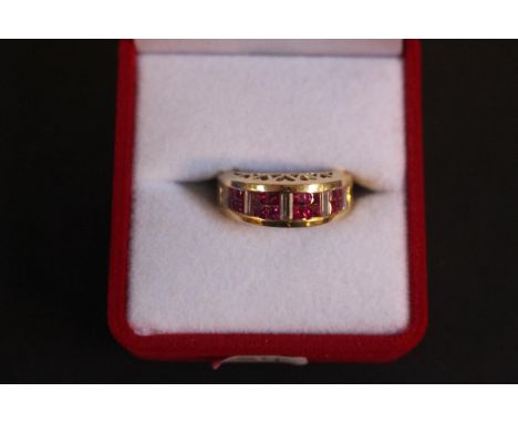 Ladies 14K Ruby &amp; Diamond 1/2 Hoop ring set with Baguette Diamonds and Scissor cut rubies. 2.2g total weight . Size M NRV