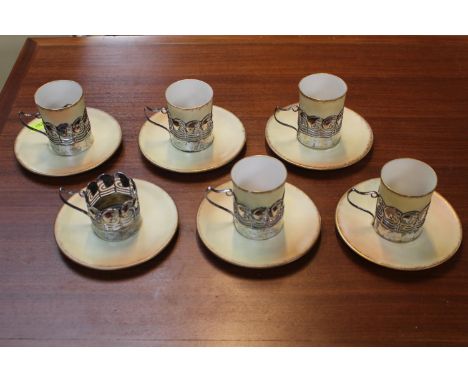 5 Locke &amp; Co Worcester Blush Ivory Set of Coffee Cans with 6 Silver Art Nouveau pierced liners 1912 