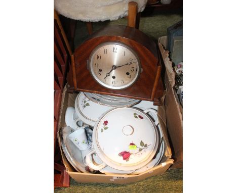 Walnut Cased Mantel clock and assorted Ceramics 