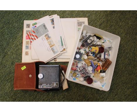 Vintage Stamps Album with stamps, Kodak box camera and a collection of Thimbles inc. Silver 