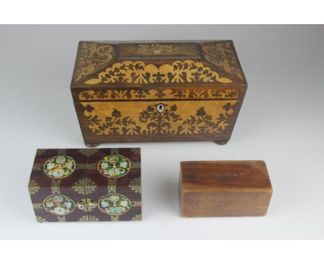 Tea Caddy, Wooden Money Box &amp; Jewellery Box. Sarcophagus shaped highly decorative inlaid tea caddy measure 30cm, 16cm by 