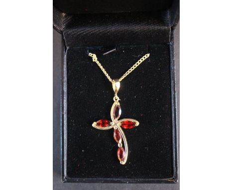 Ladies 14ct Gold Almandine Garnet set Cross pendant on chain. Set of Five Marquise cut stones. 6.7g total weight 
