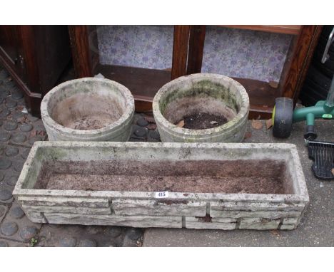 Large Concrete planting trough and 2 Circular pots 
