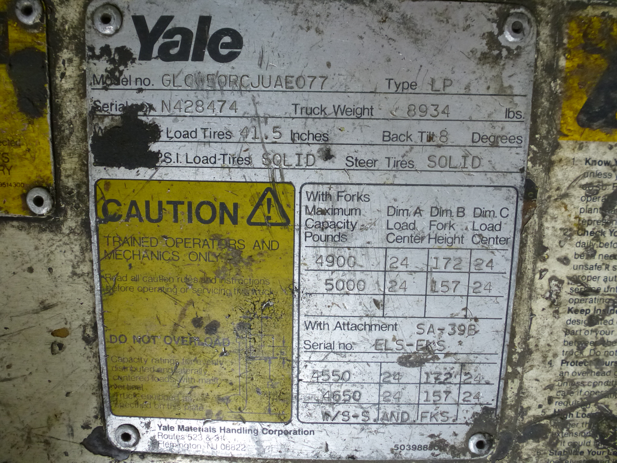 Yale Propane Forklift Model No GLC050RCJUAE077 Serial No N428474 