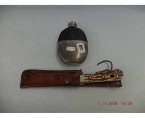 A Harrods hip flask plus a Puma hunting knife with stag horn handle