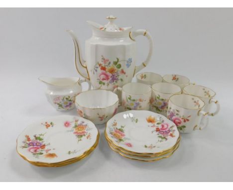 A Royal Crown Derby part coffee service in the Derby Posies pattern, comprising coffee pot, cream jug, sugar bowl, and six cu