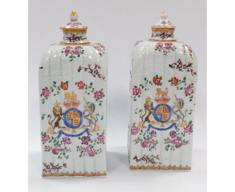 A pair of Samson porcelain armorial square flasks, Chinese export style, with polychrome enamelled decoration bearing the Roy