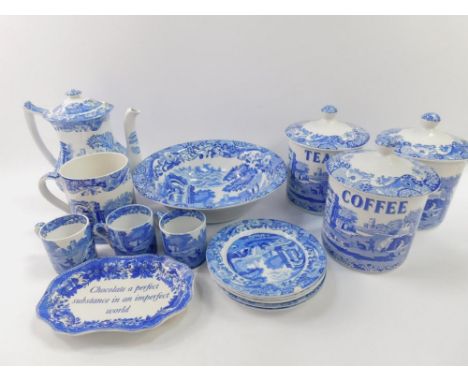 Three Spode Italian pattern blue and white kitchen storage jars, a coffee pot, large mug, etc, (qty).