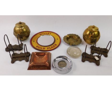 Advertising collectables, comprising a Wills Gold Flake enamel wall mirror, Pegler Brass Founders ashtray, British Allizarine