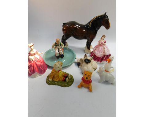 A Royal Doulton pottery figure of a Shire Horse, Beswick figural dish modelled as a Cobbler for Timpson Fine Shoes Centenary 