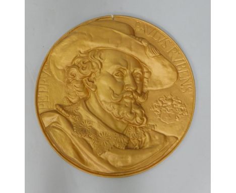 A circular gilt metal wall plaque cast in high relief, with a bust portrait of Peter Paul Reubens, 56cm diameter.