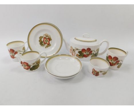 A Susie Cooper Early Morning tea set in the Nasturtium pattern, comprising teapot, cream jug, sugar bowl, two cups, saucers a