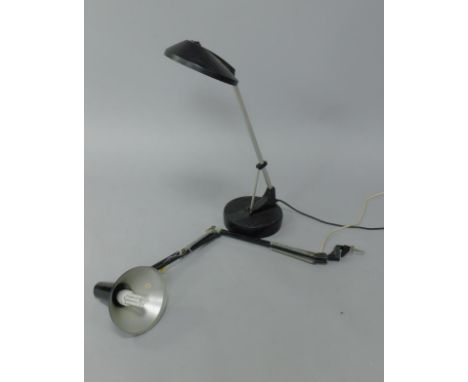 A black and grey metal anglepoise lamp, raised on a circular column base, together with an anglepoise black metal arm section