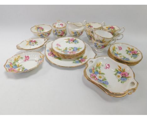 A Royal Albert porcelain part tea service decorated in the Harvest Bouquet pattern, comprising bread plate, cream jug, sugar 