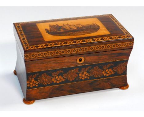A Victorian rosewood Tunbridgeware rectangular tea caddy, the hinged lid with a view of Eton College, the slightly waisted si