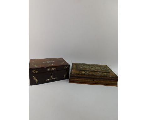 A Damascene sandalwood box, with ebony, ivory and mother of pearl inlay, 32cm x 22cm x 7cm, together with a Victorian rosewoo