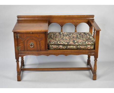 A Mid 20th Century Chippy Telephone Seat with Tapestry Cushion, Pull Out Telephone Number Slide and Side Cabinet, 93cms Wide 