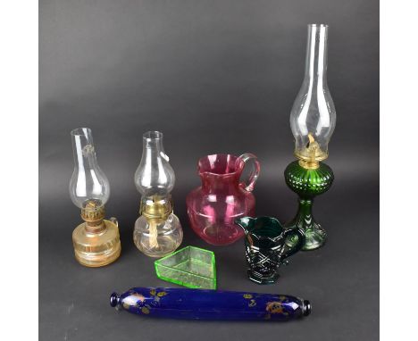 A Collection of Various Victorian and Later Glass to Comprise Blue Glass Rolling Pin, Oil Lamp, Cranberry Jug, Green Glass Oi