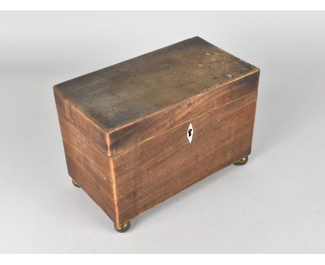 A Small 19th Century Mahogany Rectangular Tea Caddy for Restoration with Brass Ball Feet, 20cms Wide 