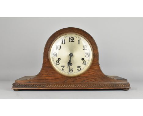 A Mid 20th Century Oak Cased Westminster Chime Napoleon Hat Mantel Clock with German Movement, 42cms Wide 