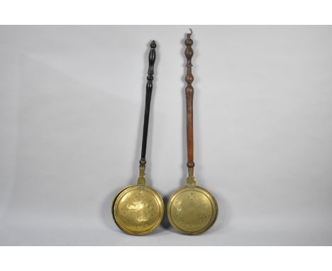Two 19th Century Brass Bed Warming Pans with Turned Wooden Handles, the One with Portrait Decoration 