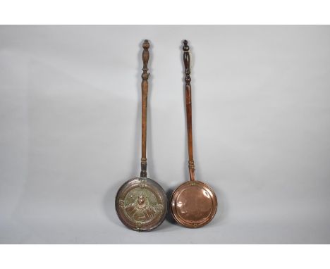 Two 19th Century Copper Bed Warming Pans with Turned Wooden Handles, the One with Portrait Decoration 