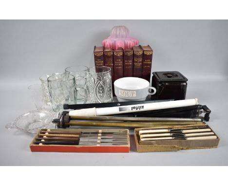 A Collection of Various Vintage Sundries to include Six Volumes Charles Dickens, Boxed Fondue Forks and Knives, Glass Tankard