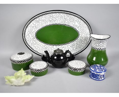 An Edwardian Ceramic Dressing Table Set, a Royal Worcester Pickle Dish, a Glazed Terracotta Miniature Teapot and a Blue and W