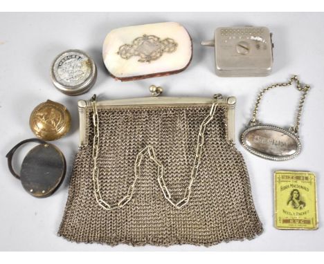 A Collection of Various Vintage Curios to include Vintage Chainmail Purse, Mother of Pearl and Silver Oval Purse, Magnifying 