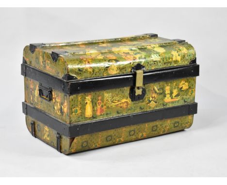 A Vintage Metal Travelling Trunk with Applied Decoupage, 64cms Wide 