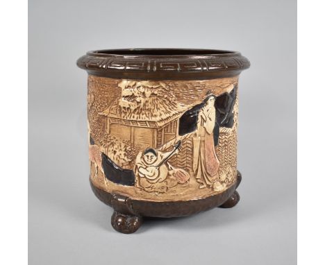 A Vintage Bretby Circular Planter, Body Decorated in Relief with Deer and Japanese Figures, 24cms Diameter and 23cms High 
