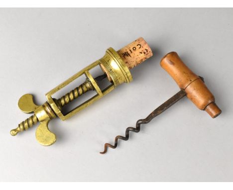 A Victorian Brass Double Action Corkscrew and a 19th Century Corkscrew Missing Brush 