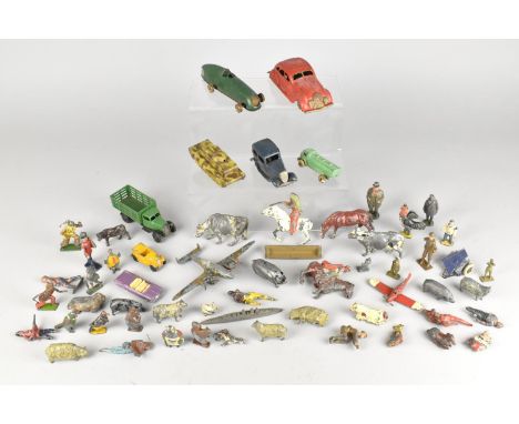 A Collection of Various Vintage Playworn Clockwork and Friction Vintage Cars, Farm Animal Figures, Army Figures, Coco Cub Met