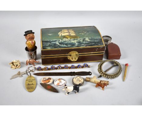 A Mid 20th Century Dome Top Lacquered Box with Painted Hinged Lid Depicting Tall Ship at Sea Containing Various Curios to inc