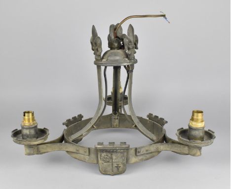 A Heavy Wrought Metal Three Branch Gothic Style Chandelier with Armorial Shield and Fleur De Lys Decoration, 35cms High 