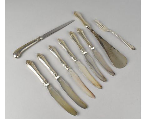 A Collection of Silver and Silver Mounted Flatware to Comprise Silver Handled Knives, Letter Opener, Button Hook and a Silver