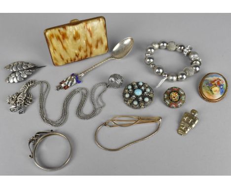 A Collection of Vintage Curios and Jewellery to include Silver and Enamel Teaspoon, Silver Coin Mount, Faux Tortoiseshell Cig