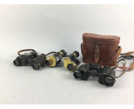 TWO PAIRS OF MILITARY ISSUE BINOCULARS, along with another pair of leather cased binoculars, a gilt mounted swagger stick and