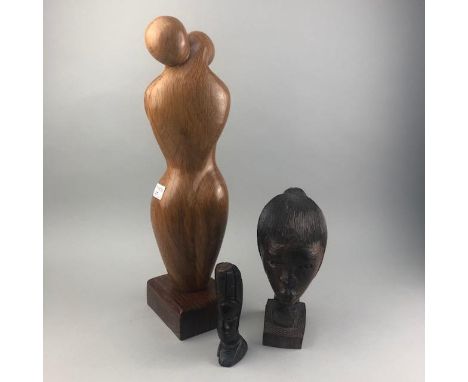 CONTEMPORARY WOOD SCULPTURE, 48cm high, along with other carved wood and ceramic figures (13)