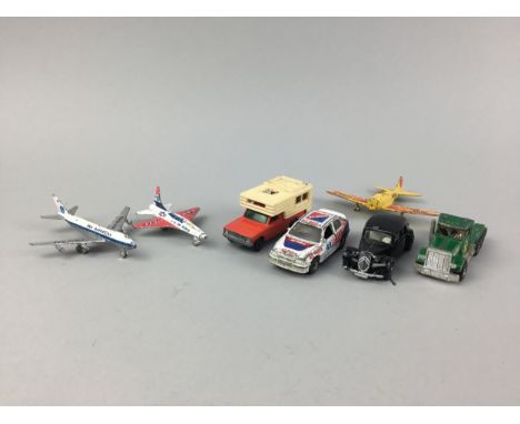 LOT OF MATCHBOX AND OTHER MODEL VEHICLES, along with a collection of vintage matchbooks and brassware