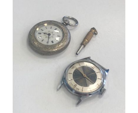 ART DECO SILVER AND ENAMEL COMPACT, along with a silver fob watch and a Grovena stainless steel wrist watch