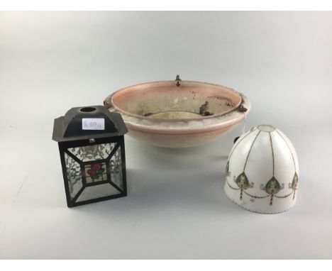 COLOURED GLASS CEILING LIGHT SHADE, 38cm diameter, along with a hand painted lampshade and a mottled glass lantern shade (3)