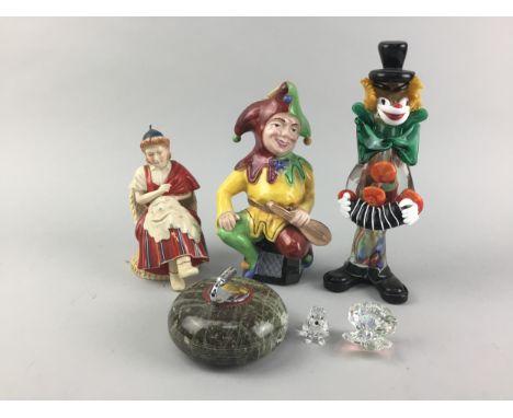 MURANO GLASS CLOWN, along with two ceramic figures, a miniature curling stone and two cut glass figures (6)