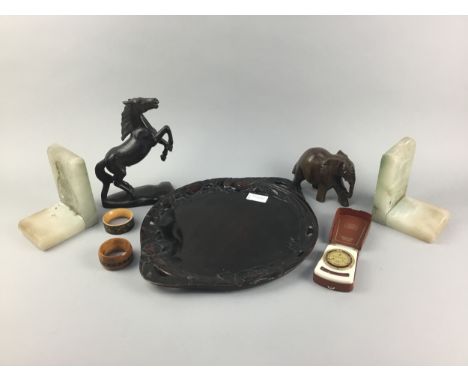 TWIN HANDLED CARVED WOOD TRAY, along with other items, including carved wood figure of a horse, carved wood elephant, a pair 
